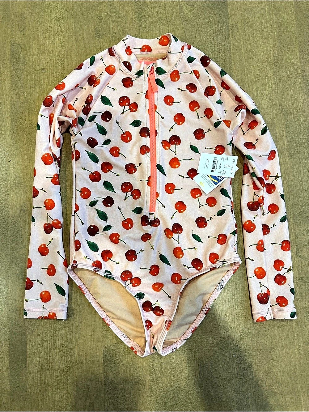 NWT J. Crew Crewcuts Cherry Rash Guard One-Piece Swimsuit Pink & Red Girls Sz 8